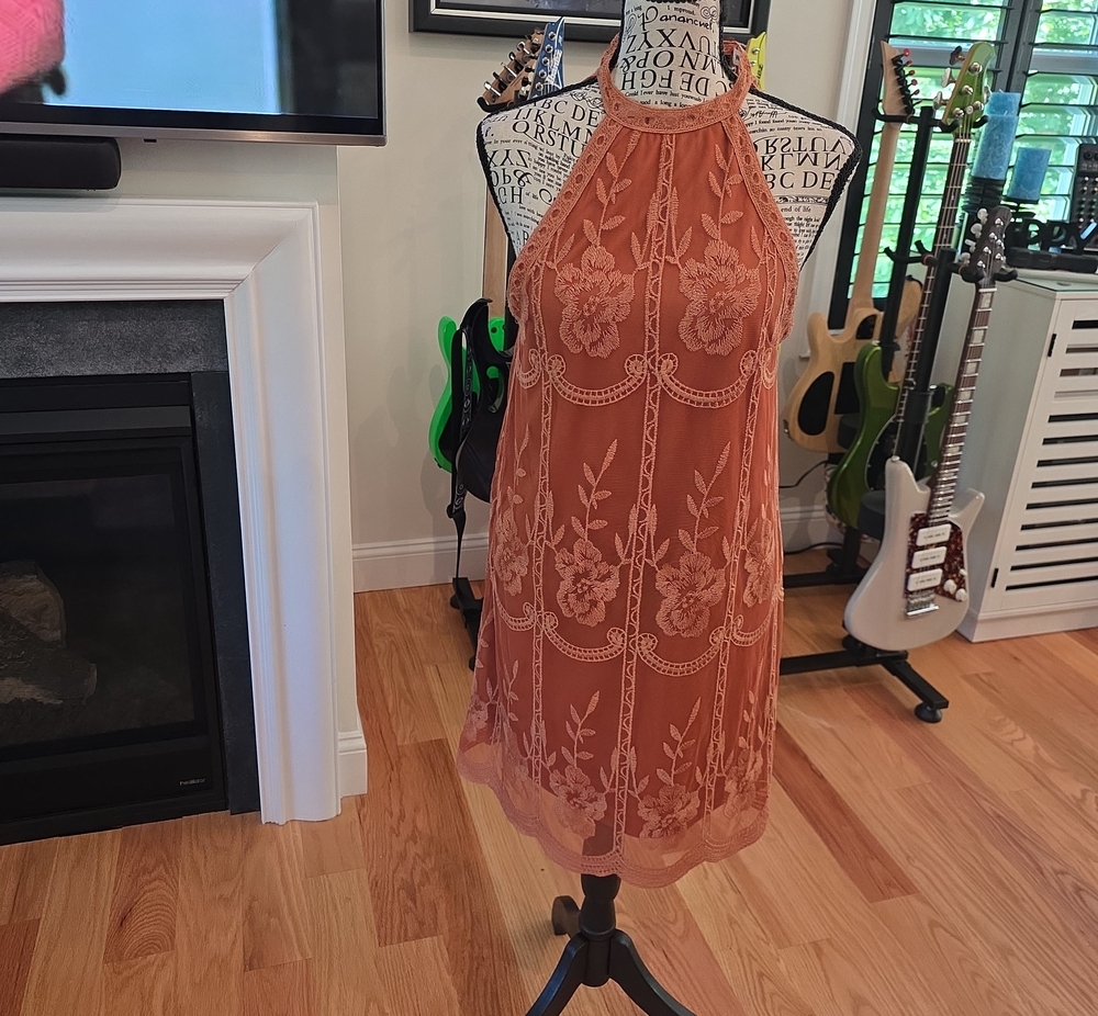 Wild Honey Terracotta Halter Lace Mini Dress
